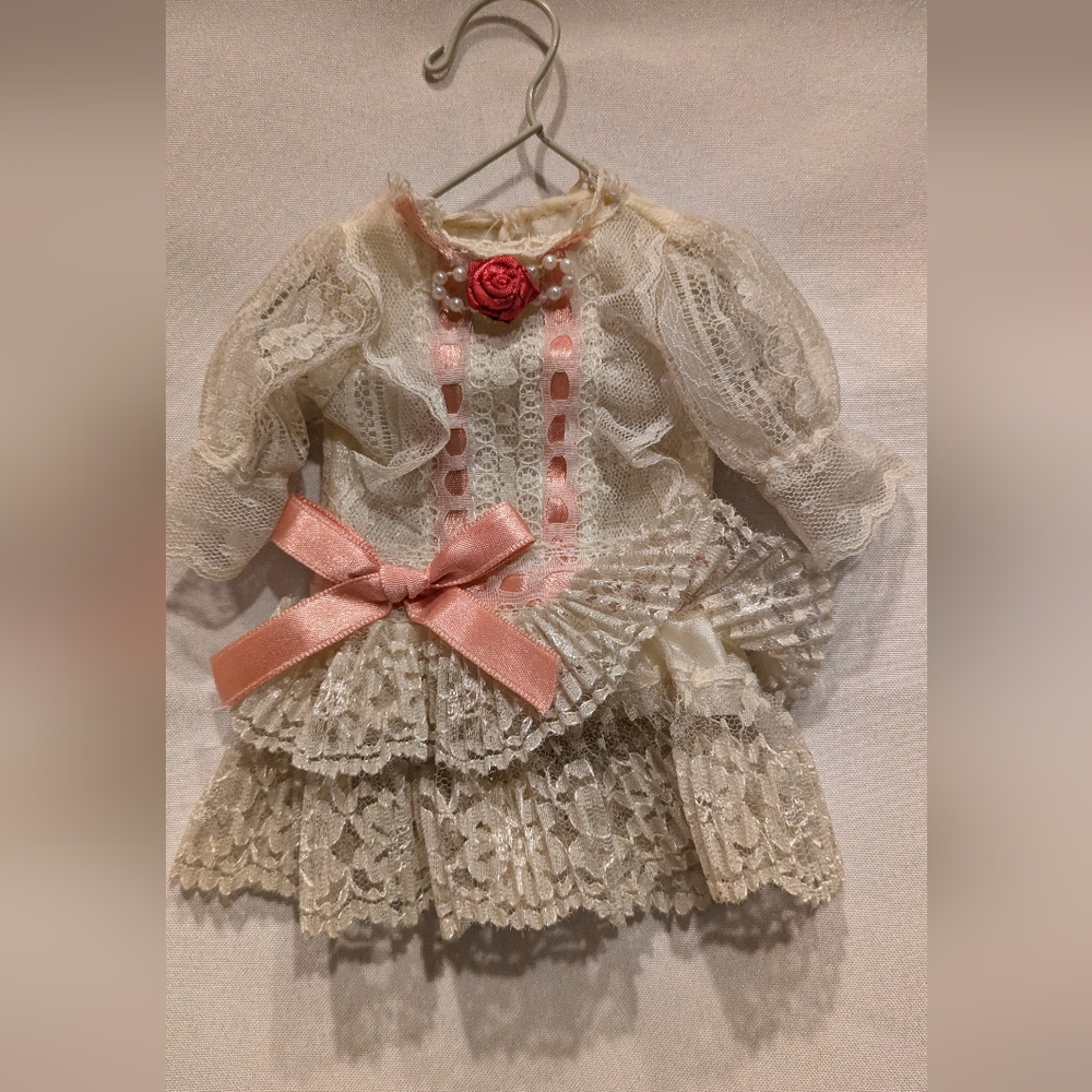 Victorian Ivory Lace Pink Ribbon Dress On Hanger Vintage Smithsonian Ornaments
